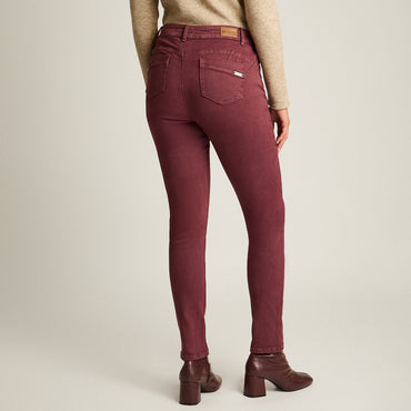 Jeans Burdeo Elasticidad Media Sin Forro Calce Ajustado Tela Denim