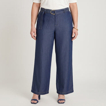 Pantalón Sport Pantalón Palazzo Lyocell Hebilla Metálica Azul en modelo plus size