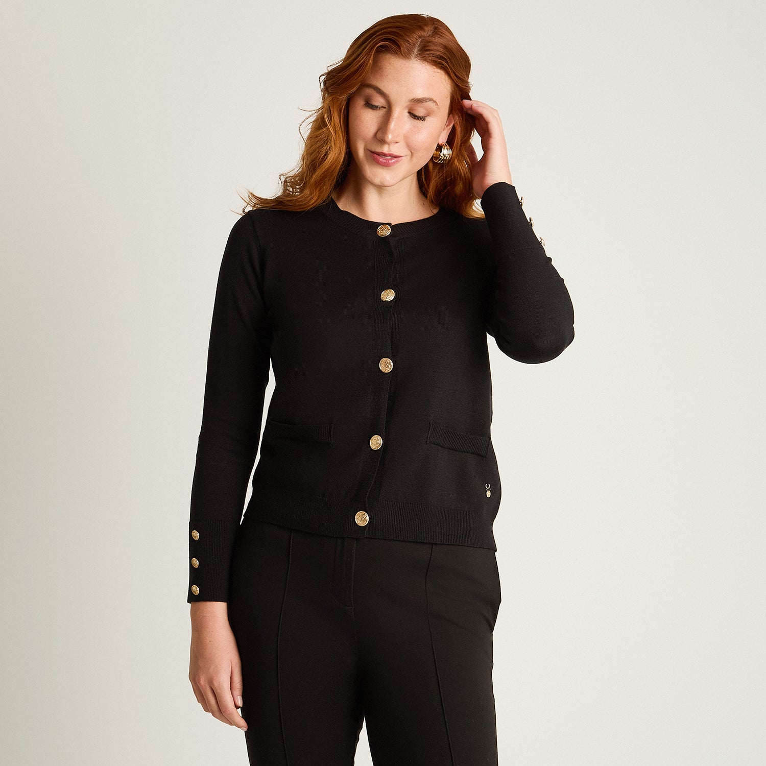 Cardigan Negro Manga Larga Elasticidad Media Sin Forro Calce Normal Tela Tejido