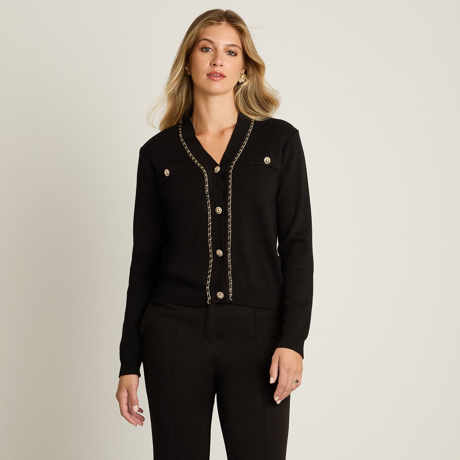 Cardigan Negro Manga Larga Elasticidad Media Sin Forro Calce Normal Tela Tejido