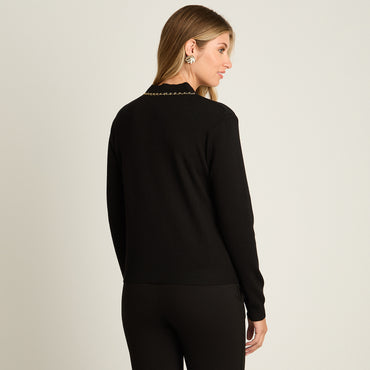 Cardigan Negro Manga Larga Elasticidad Media Sin Forro Calce Normal Tela Tejido