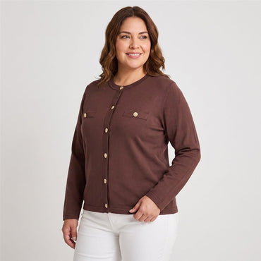 Cardigan Escote Redondo con Bolsillos Falsos Café en modelo plus size