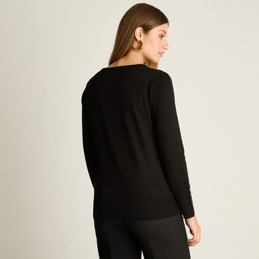 Sweater Negro Manga Larga Elasticidad Media Sin Forro Calce Normal Tela Tejido