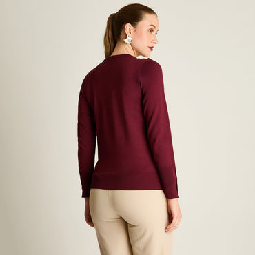 Sweater Burdeo Manga Larga Elasticidad Media Sin Forro Calce Normal Tela Tejido
