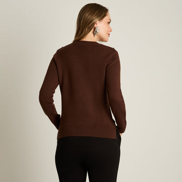 Sweater Cafe Manga Larga Elasticidad Media Sin Forro Calce Normal Tela Tejido