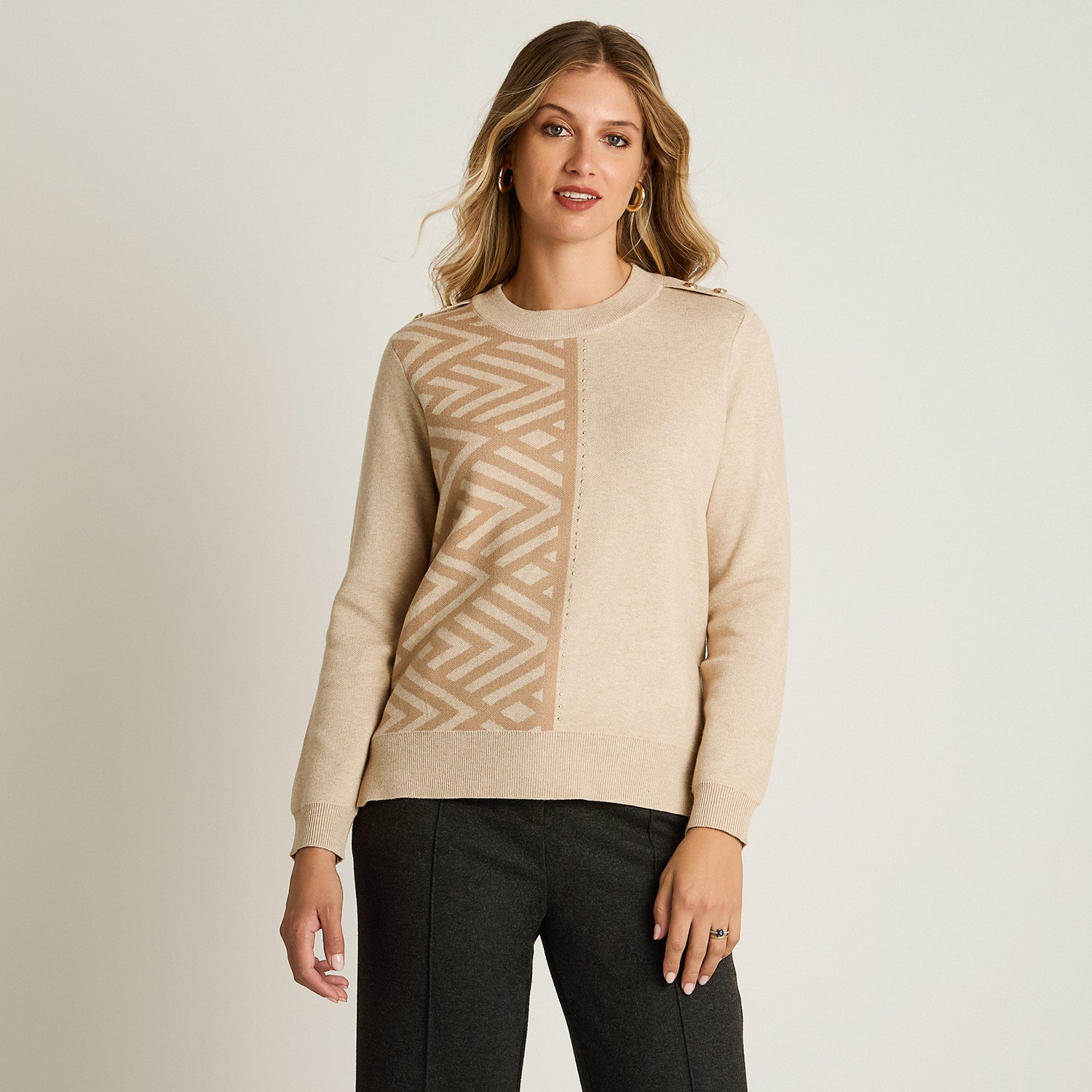 Sweater Beige Manga Larga Elasticidad Media Sin Forro Calce Normal Tela Tejido