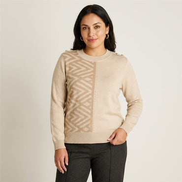 Sweater Beige con Estampado Geométrico y Botones en Hombro en Tejido en modelo plus size