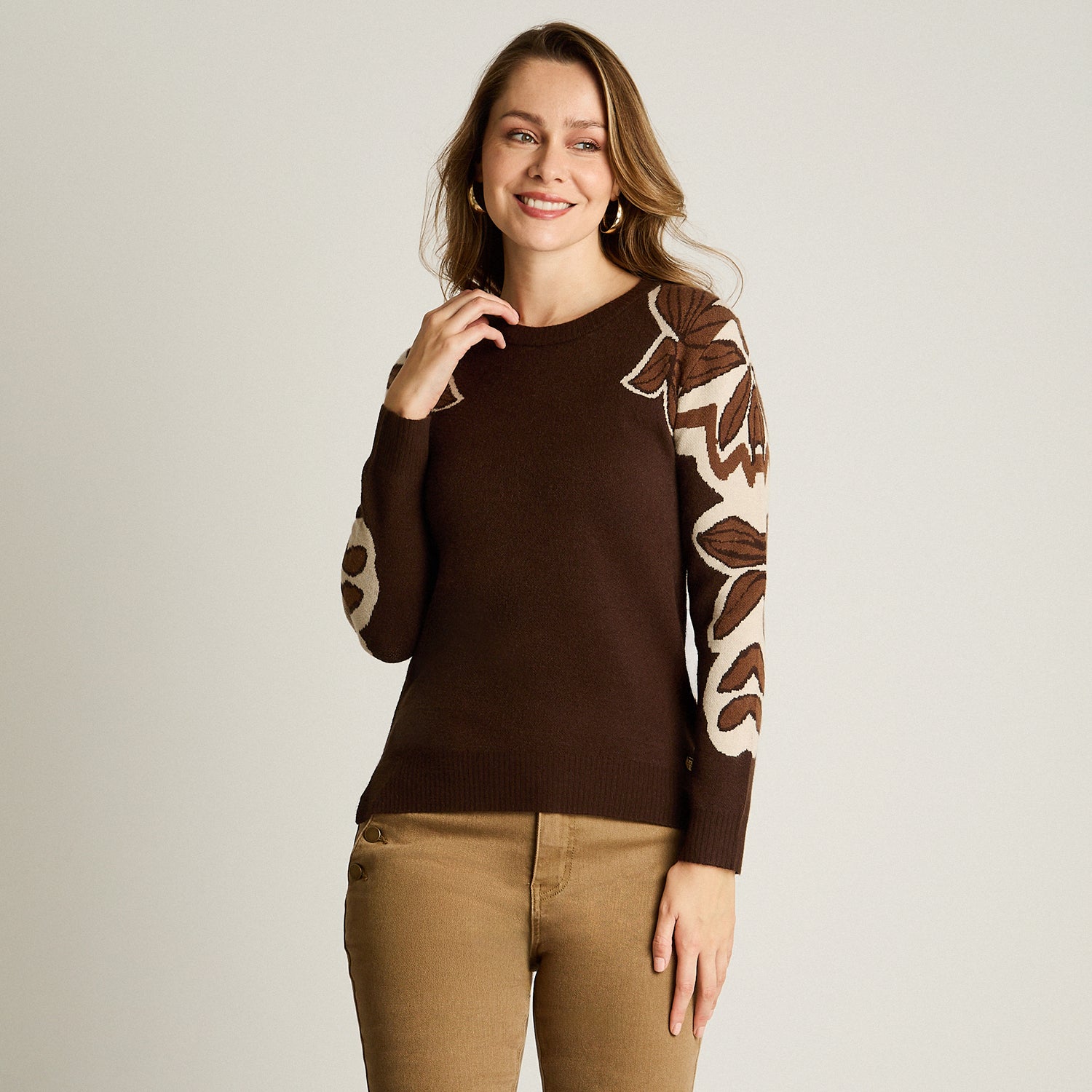 Sweater Cafe Manga Larga Elasticidad Media Sin Forro Calce Normal Tela Tejido