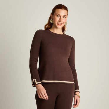 Sweater Cafe Manga Larga Elasticidad Media Sin Forro Calce Normal Tela Tejido