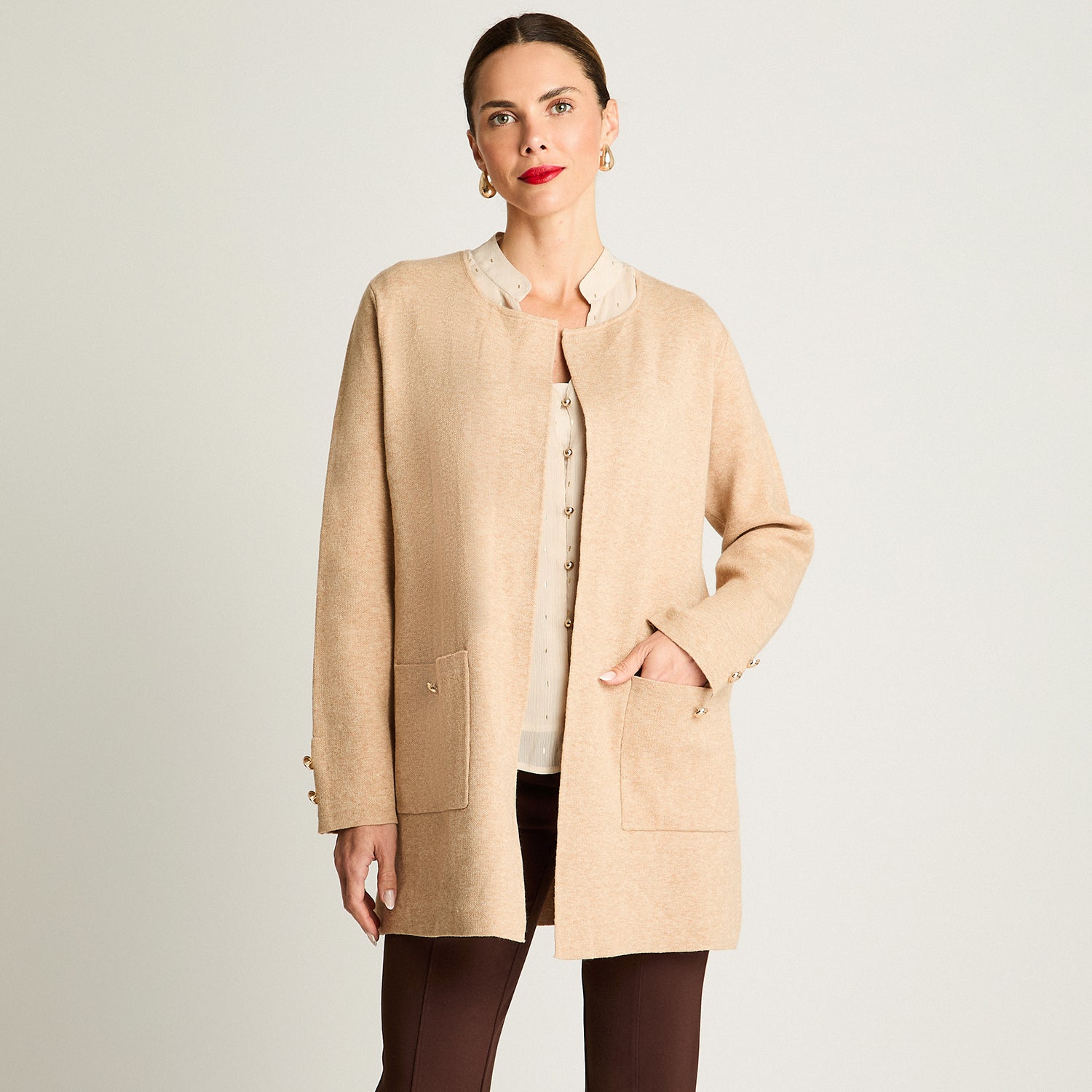 Tapado Tejido Manga Larga Con Bolsillos Camel Lorenzo Di Pontti