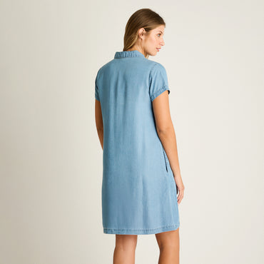 Vestido Corto Celeste No Elasticado Sin Forro Calce Holgado