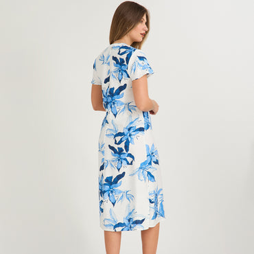 Vestido Midi Estampado Escote Mao Estampado Manga Vuelo Azul