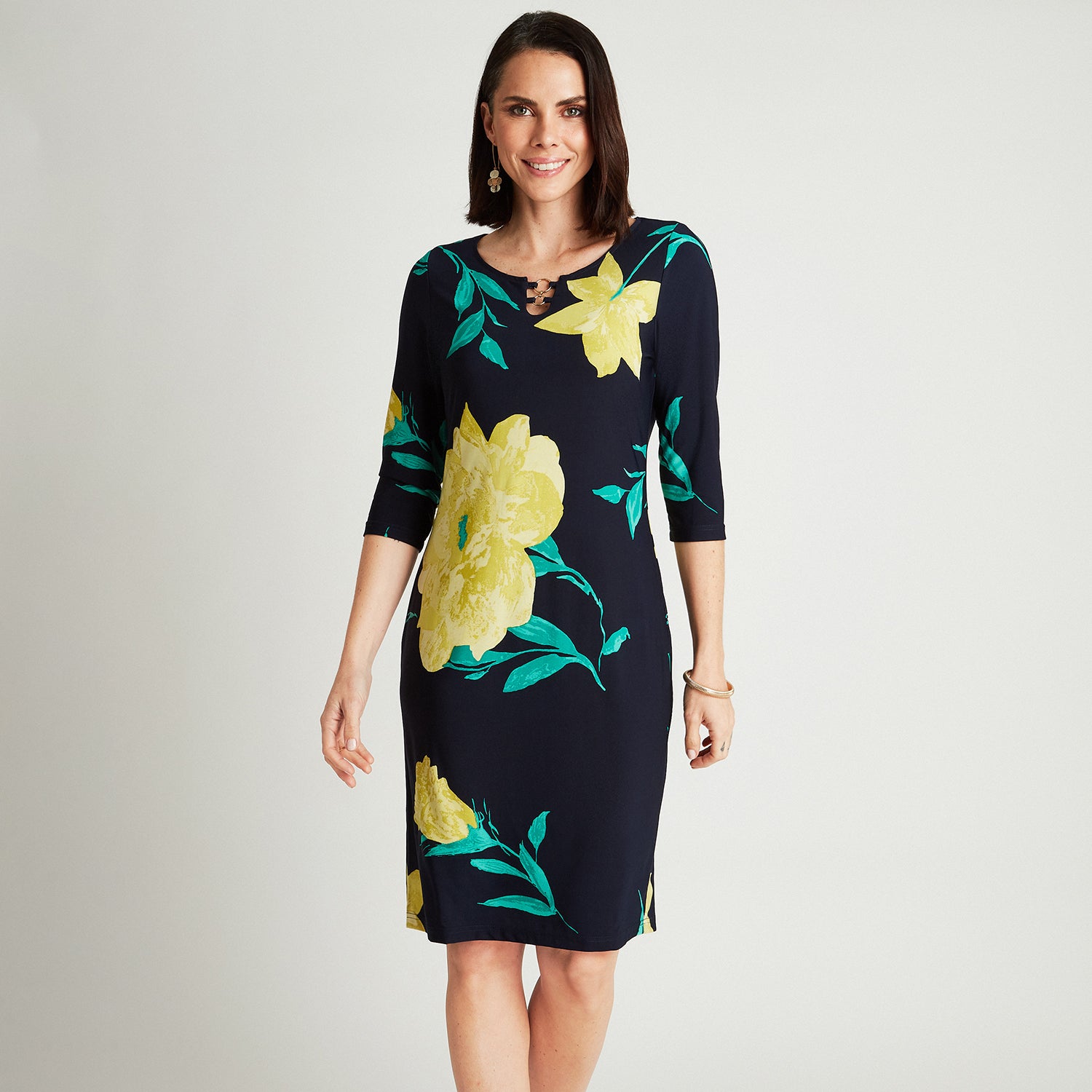 Vestido Midi Azul Manga 3/4 Estampado Cuello Redondo