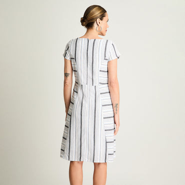 Vestido De Lino Manga Corta Print Rayado Azul Lorenzo Di Pontti