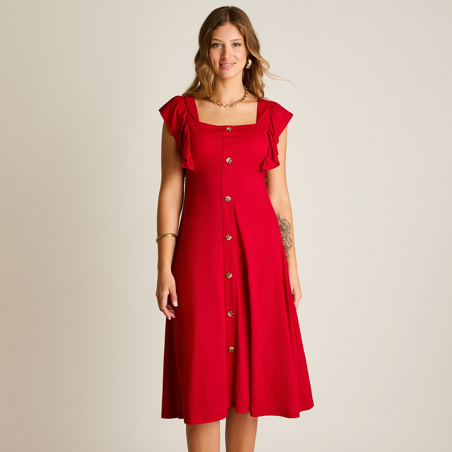 Vestido Midi Rojo Baja elasticidad Sin Forro Calce Ajustado