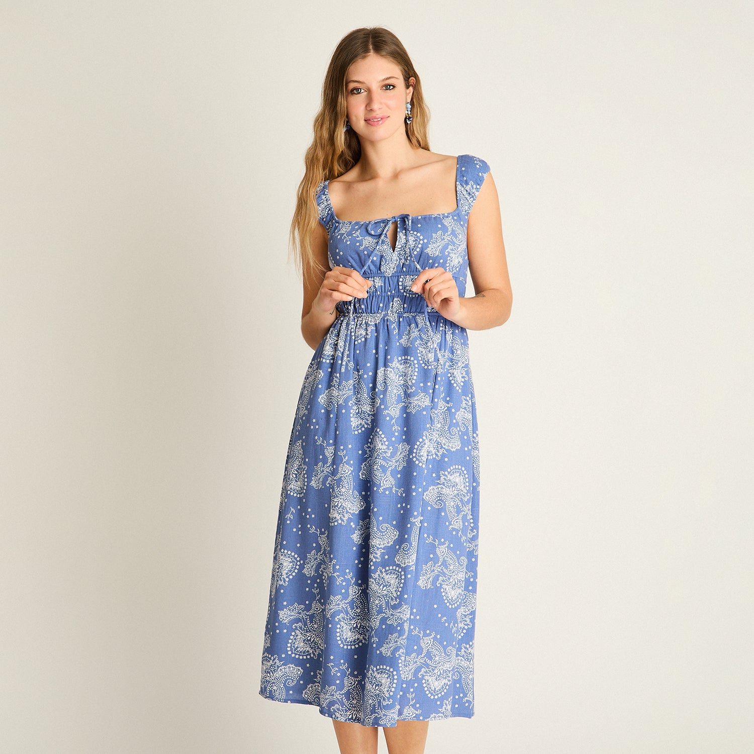 Vestido Midi Azul Estampado Mediterráneo