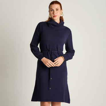 Vestido Midi Azul Midi Elasticidad Media Sin Forro Calce Normal Tela Tejido