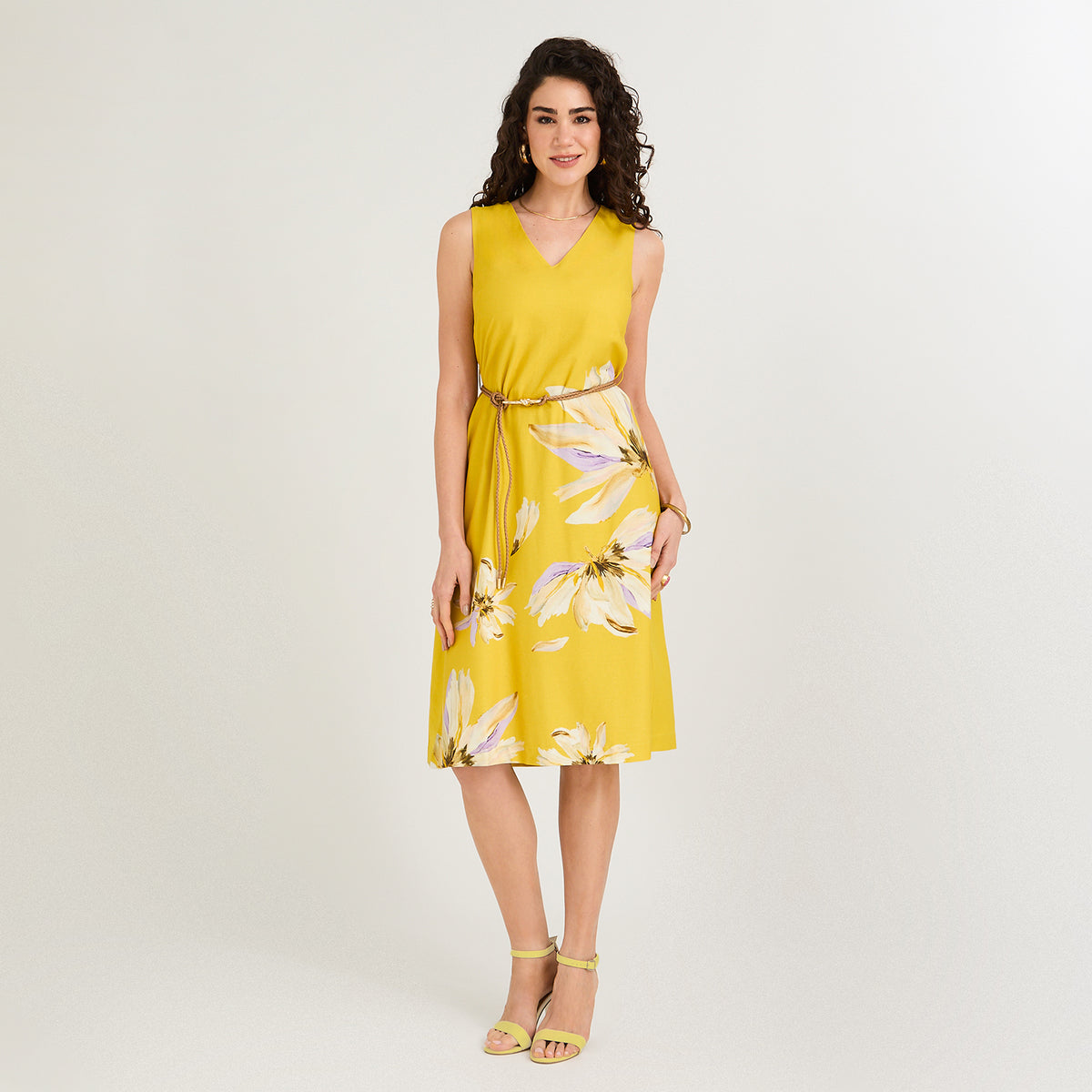 Vestido Midi de Lino sin Mangas con Estampado Localizado Amarillo