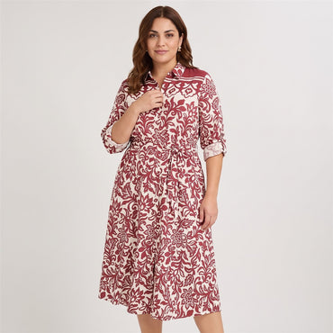 Vestido Midi Largo Manga Larga Roll Up Estampado Beige en modelo plus size