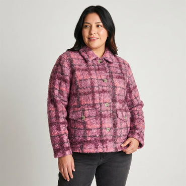 Chaqueta Boucle Estampada Morado en modelo plus size