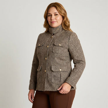 Chaqueta Café Estilo Casaca con Estampado Geométrico en modelo plus size