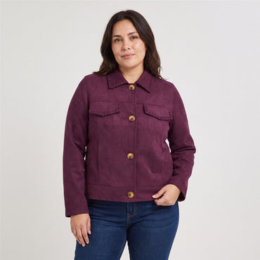 Casaca de Suede con Aplicación en Cuello y Bolsillos Morado en modelo plus size