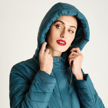 Parka Larga Con Cierre Frontal Y Gorro Petróleo