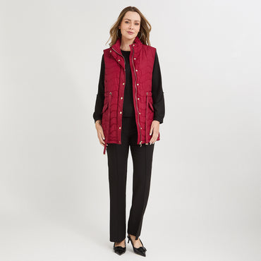 Parka sin mangas larga roja con ajustador de cintura