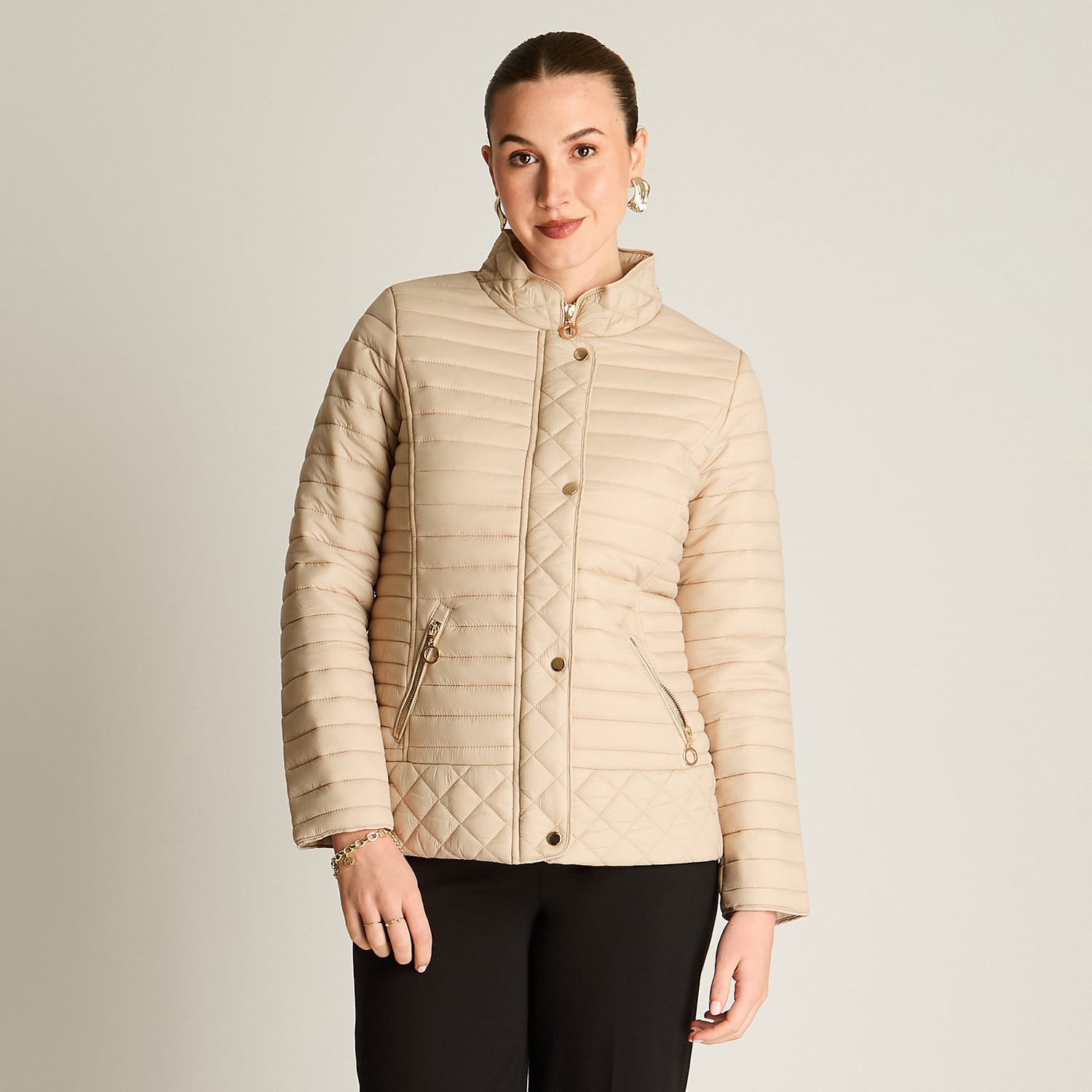 Parka Beige Manga Larga Elasticidad Nula Con Forro Calce Normal Tela Plano