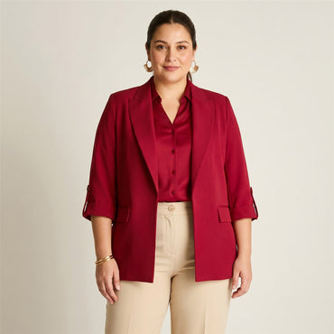 Blazer Rojo Manga 3/4 con Bolsillos y Solapa en modelo plus size