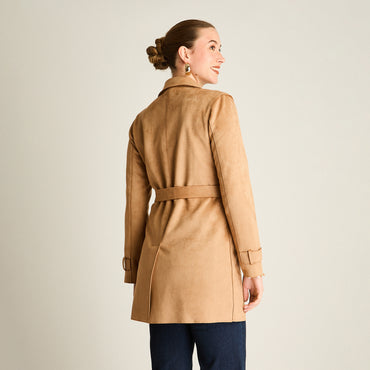 Trench Camel Manga Larga Elasticidad Nula Sin Forro Calce Normal Tela Plano