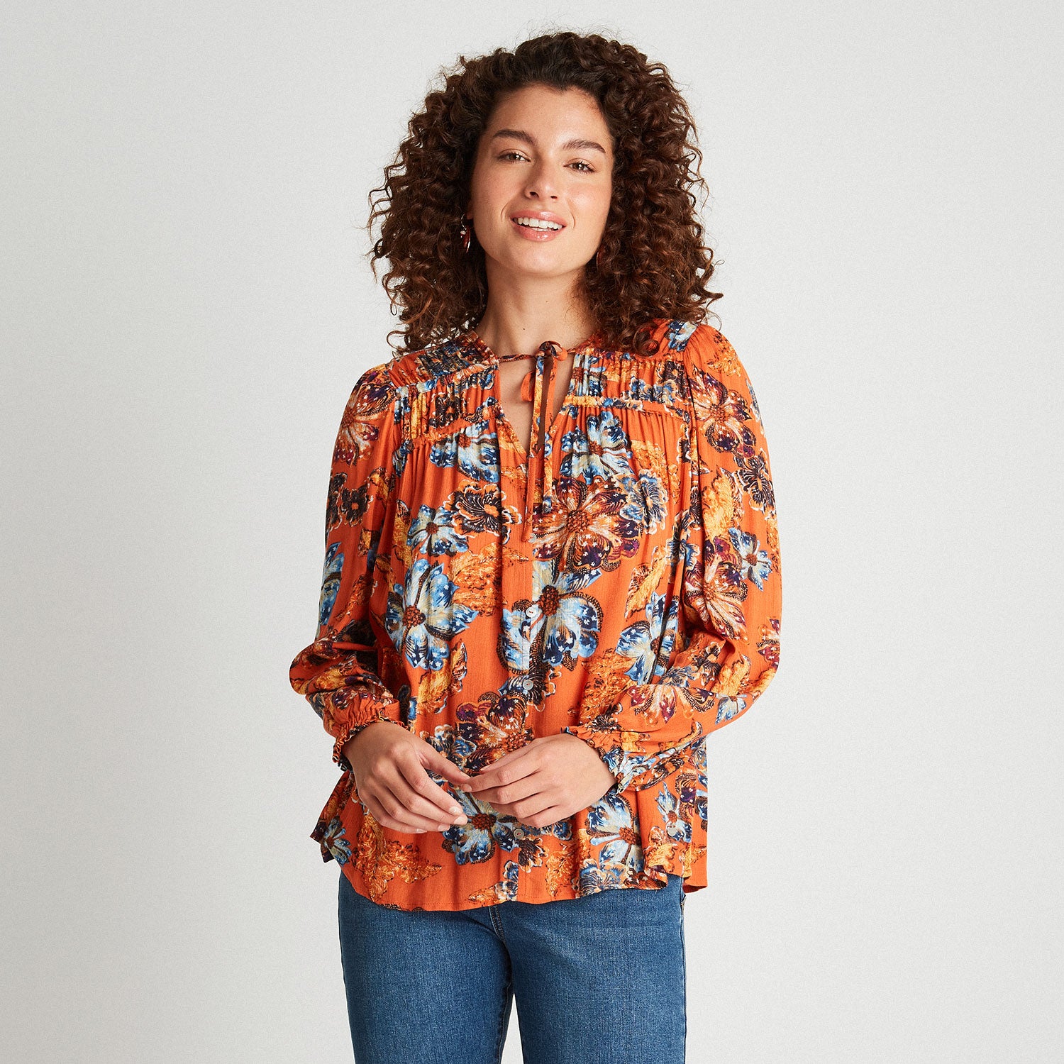 Blusa Estampada Con Botones Naranja