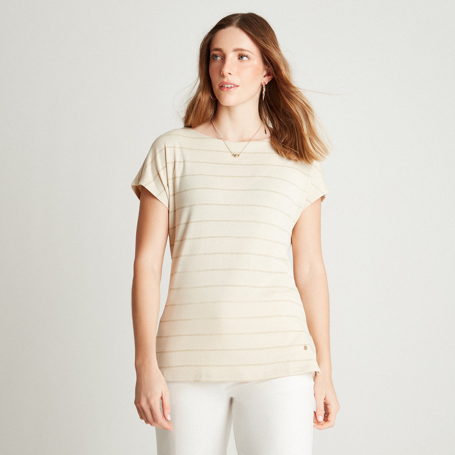 Polera Beige Manga Kimono Listada Cuello Redondo