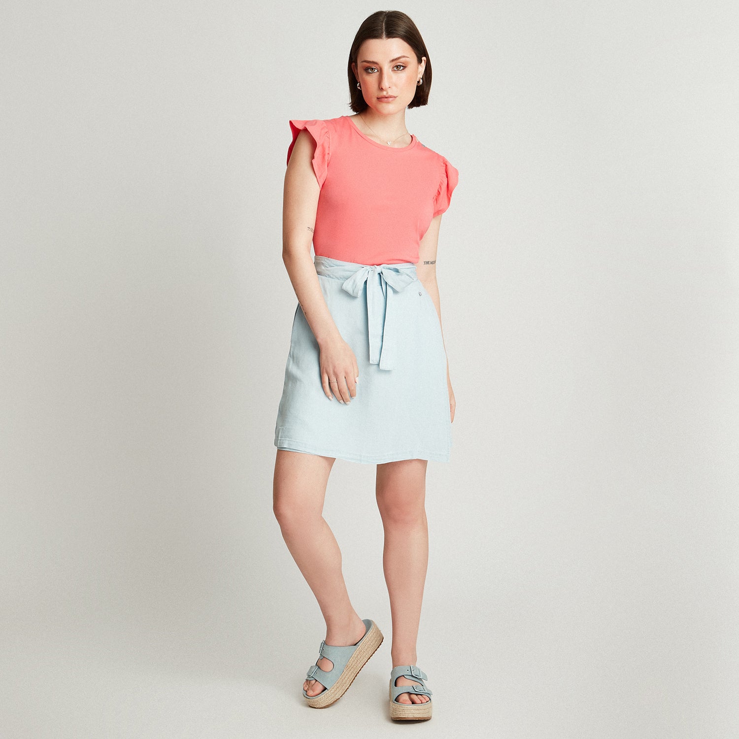 Falda Short Celeste Lyocell Con Lazo
