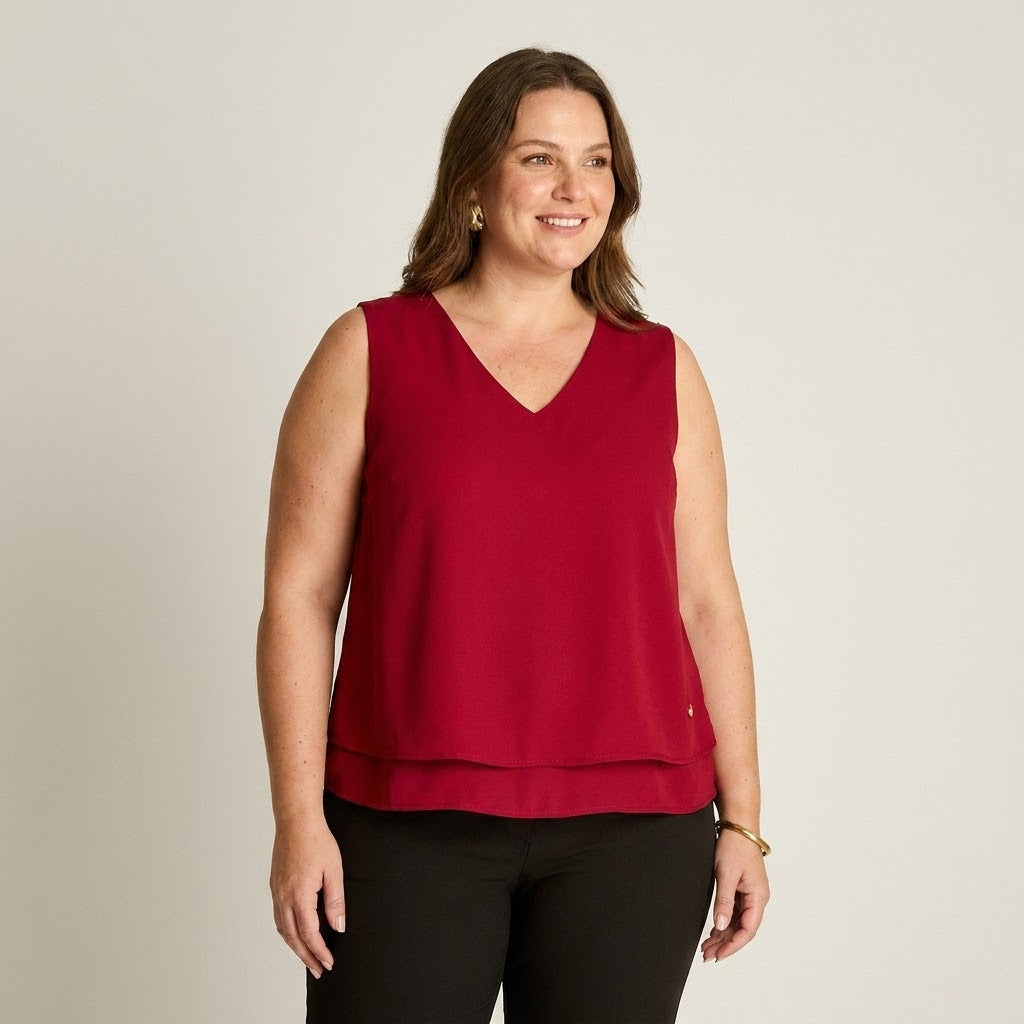 Blusa Sin Mangas Rojo oscuro con Doble Capa y Escote V