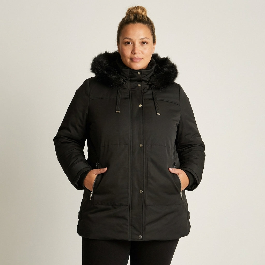 Parka Negra con Gorro Peludo y Forro