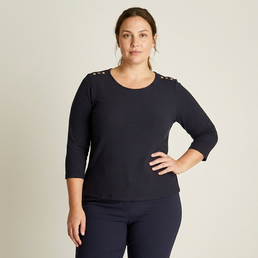 Polera Rib Azul Manga 3/4 con Aplicación en Hombros