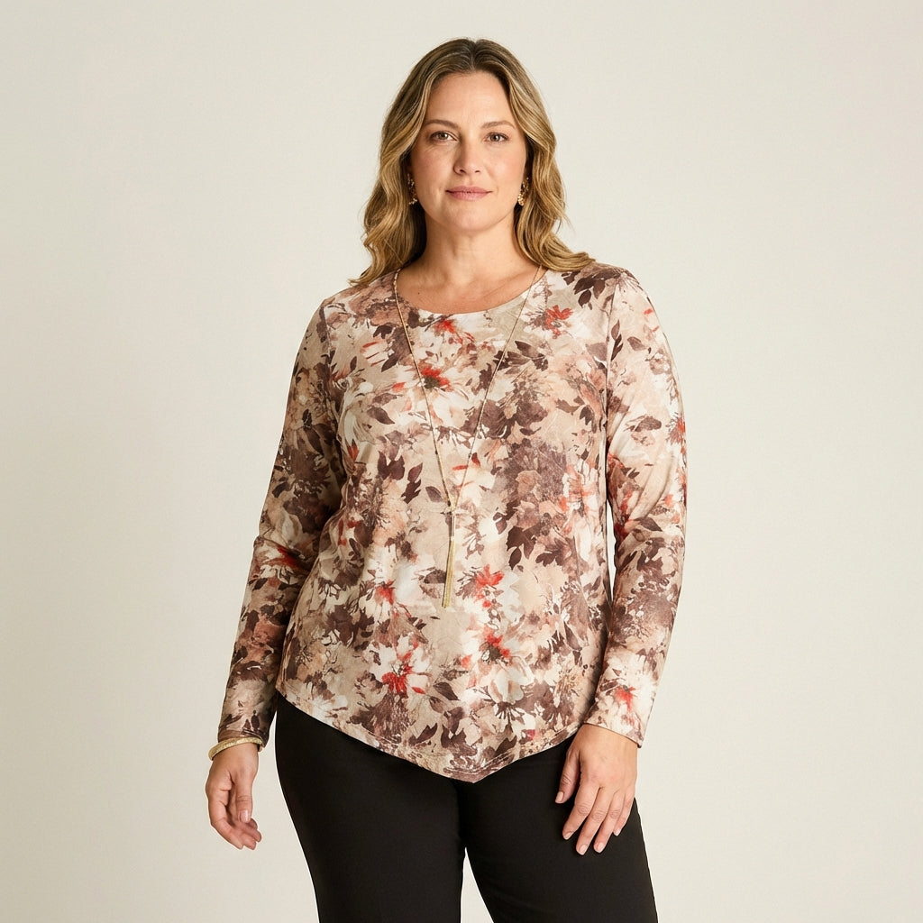 Polera Camel Manga Larga Estampada con Cuello Redondo y Collar