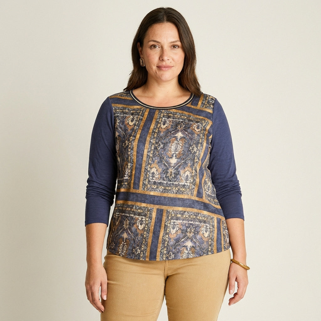 Polera Azul Mix Fabric Escote Redondo con Lurex