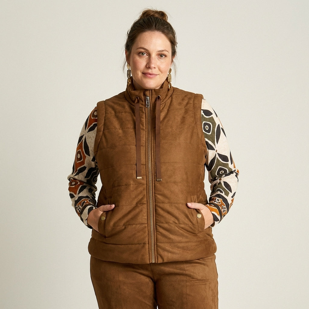 Chaqueta Camel de Suede Sin Mangas con Diseño Quilted y Cierre Full Zipper