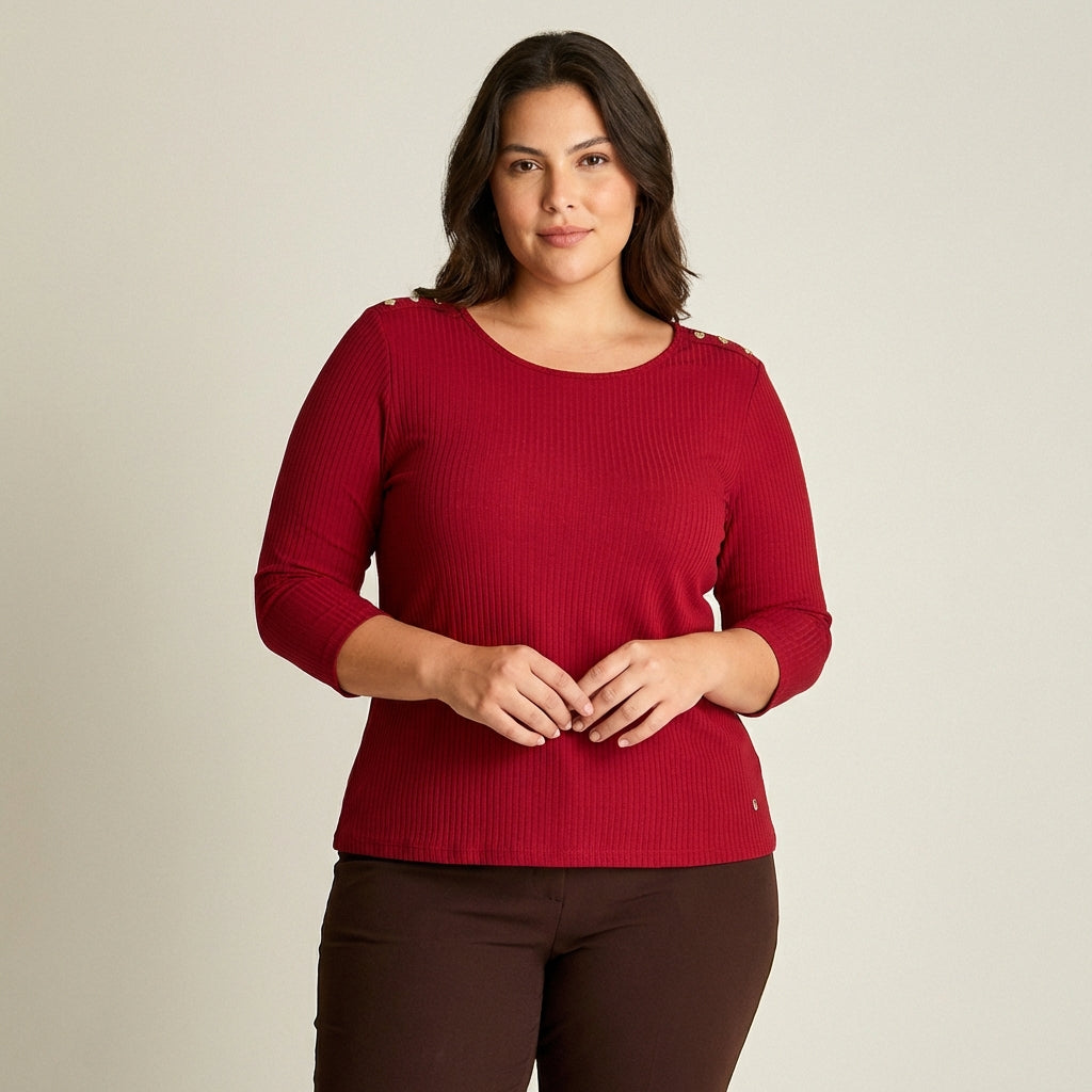 Polera Rib Rojo Manga 3/4 con Aplicación en Hombros