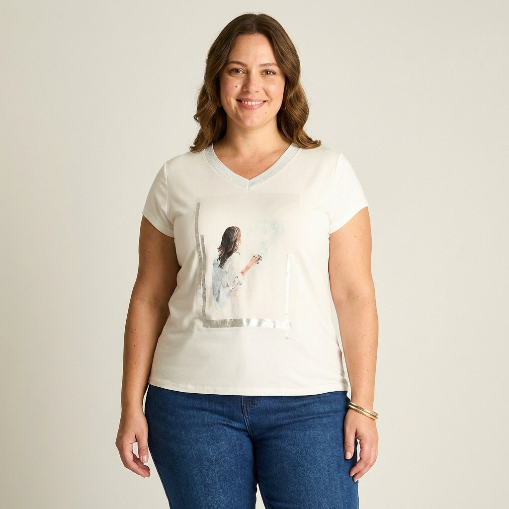 Polera Blanca Mix Fabric Print - Lorenzo di Pontti