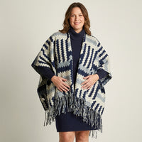 Poncho Azul Estampado Geométrico Flecos - Lorenzo di Pontti