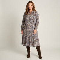 Vestido Largo Beige Con Estampado Y Cuello Mao