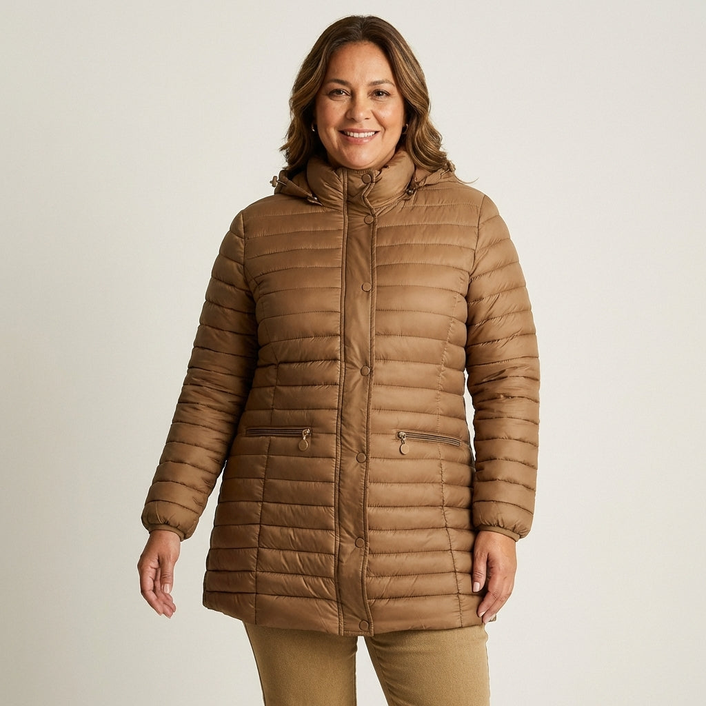 Parka Larga Café con Diseño Quilted y Gorro Desmontable