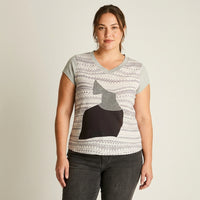 Polera Gris Mix Fabric con Print Frontal y Cuello con Lurex