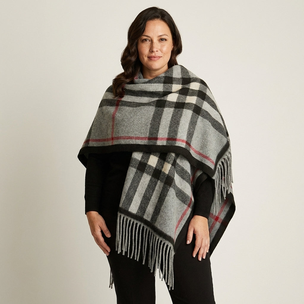 Poncho Gris Estampado Cuadrille Flecos - Lorenzo di Pontti