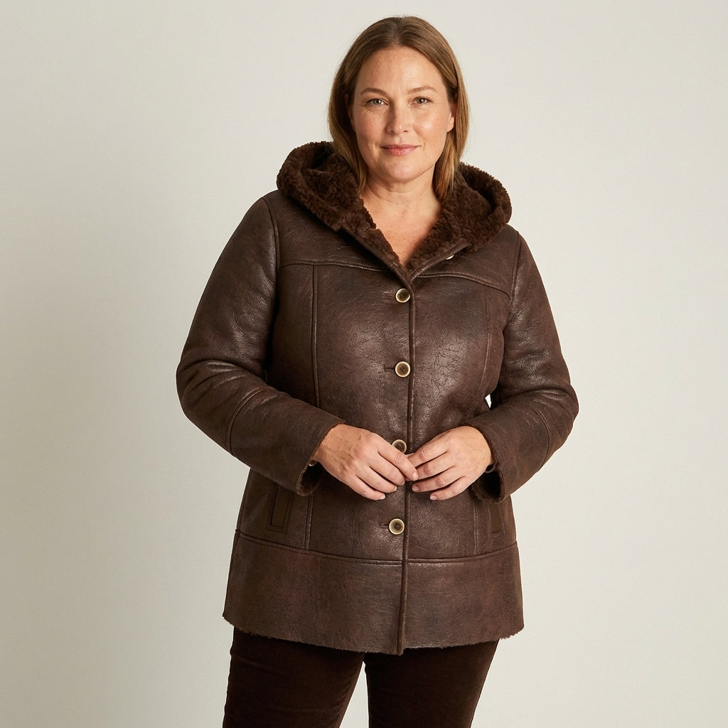 Chaqueta Café de Suede con Lurex y Forro Sherpa