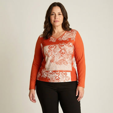Polera Terracota Lanilla Estampada Escote - Lorenzo di Pontti