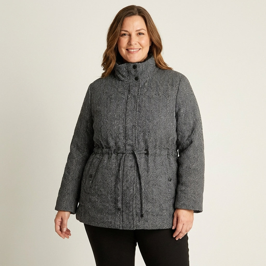 Parka Negra con Estampado Espiga y Cordón en Cintura